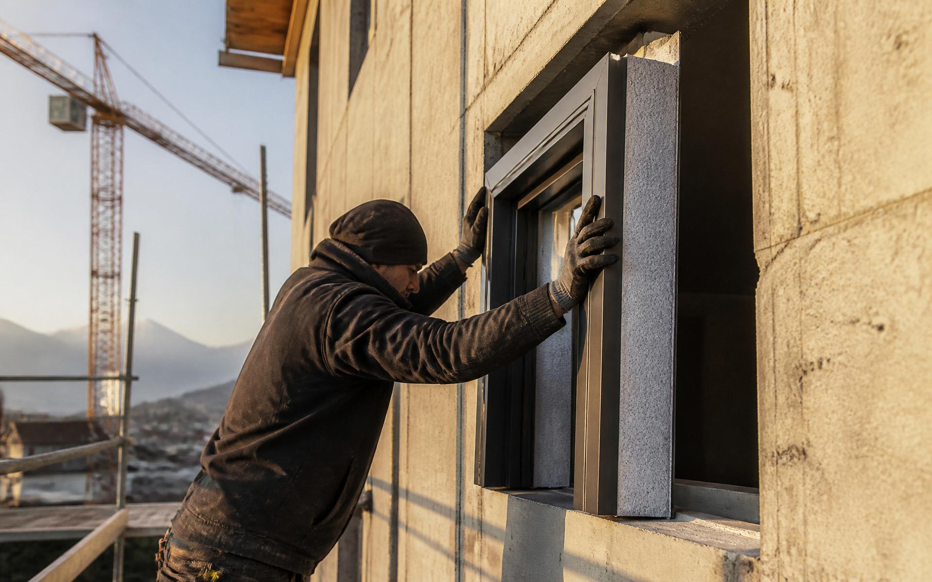 Posa di un monoblocco prefabbricato F.A.L.C. su un edificio in costruzione con gru di cantiere sullo sfondo.