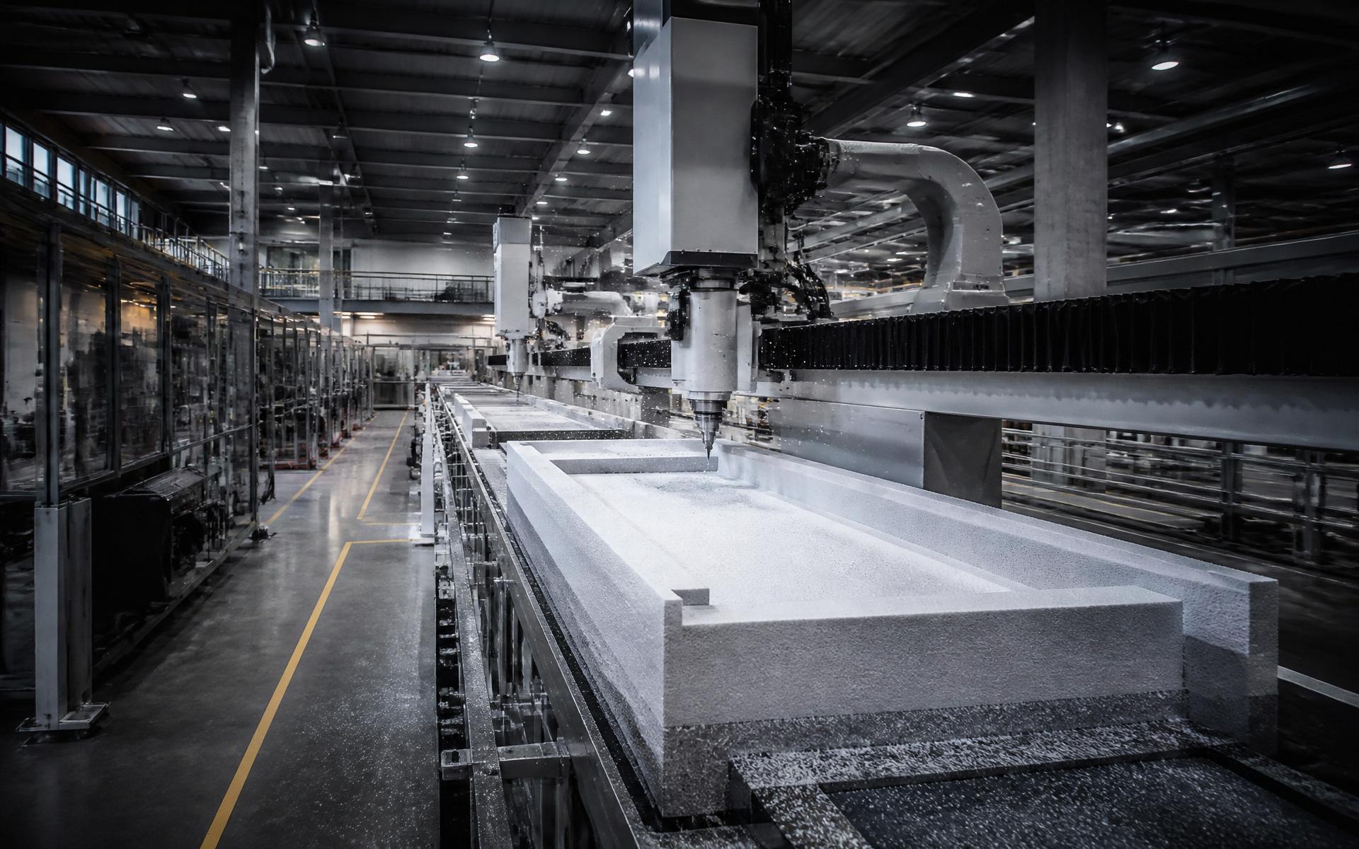 Linea di produzione automatizzata F.A.L.C. per la lavorazione di componenti in EPS destinati a monoblocchi termoisolanti.